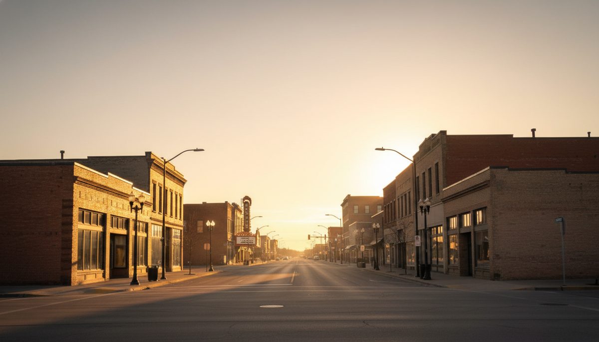Fargo's downtown Broadway streetscape at sunset with low brick buildings and a historic theater marquee silhouette in the middle distance.
