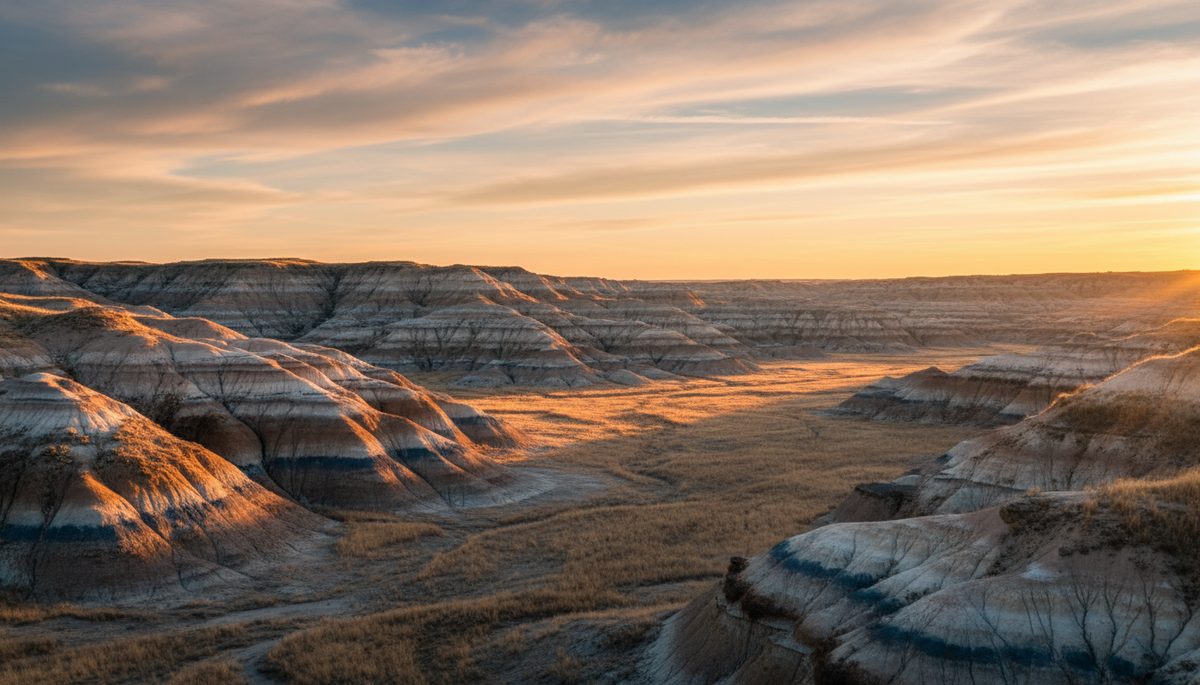Theodore Roosevelt National Park badlands at sunrise with layered banded rock formations and prairie below.